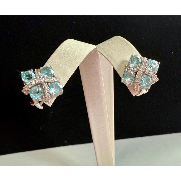JUDITH RIPKA Blue Topaz & CZ Clip-On Earrings – SS 925 – Non-Pierced Clip Style - Picture 1 of 6